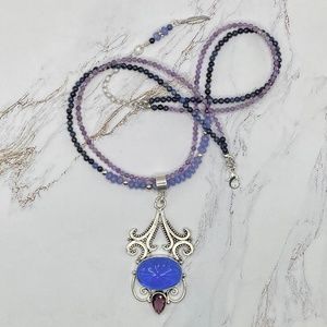 Blue Pendant & Purple Gemstone in Sterling Silver on Double Beaded Necklace